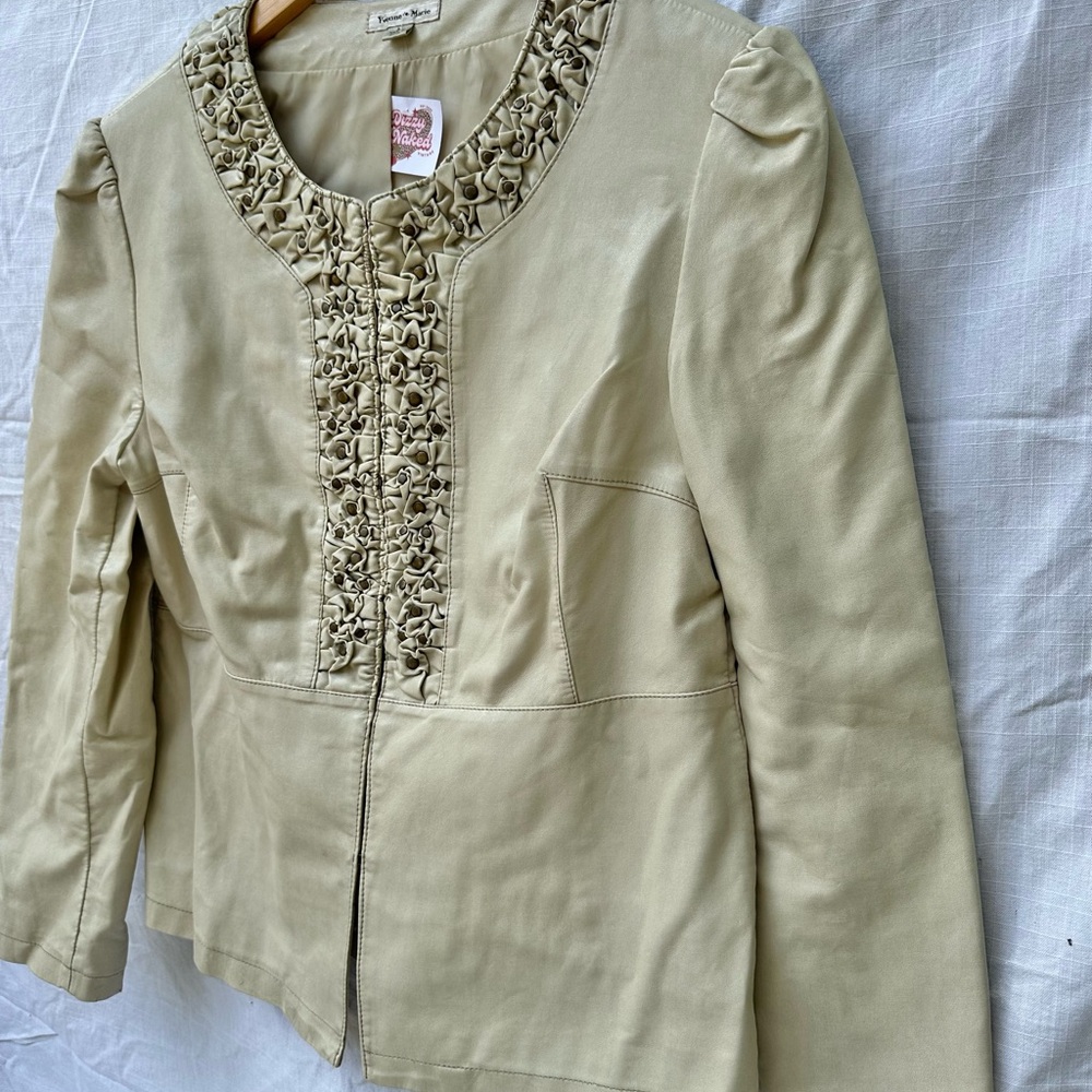 Y2K 2000s Cream Vegan leather Ruffle Embellished Jacket Size large